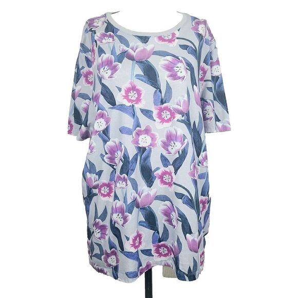 Ted Baker T-Shirt 6 (14) Gray Purple‎ Cotton Knit Floral Boxy Pullover Top - Picture 1 of 8